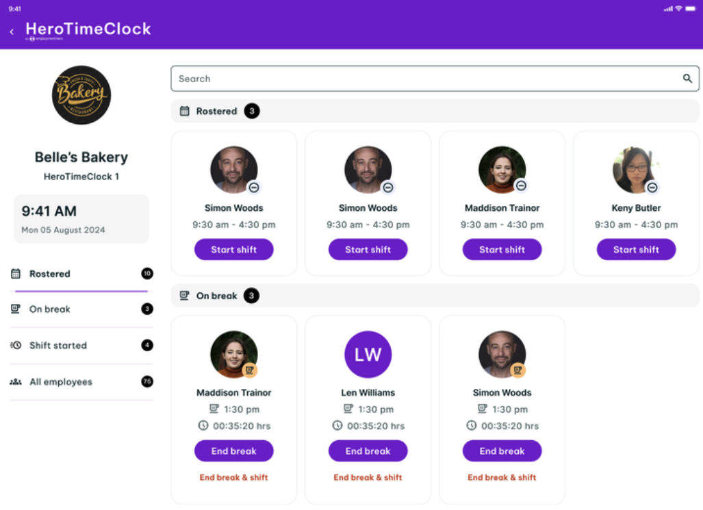 HeroTimeClock interface for Belle’s Bakery, displaying employees with shift details. Employees are divided into categories: 'Rostered,' with options to start their shifts, and 'On break,' with options to end break or end both break and shift. Current time and date are shown at the top left, along with navigation options like 'Rostered,' 'On break,' 'Shift started,' and 'All employees.'